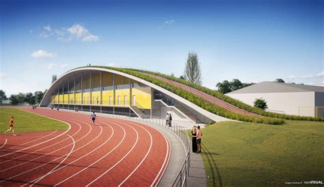 Vizualizácia moderného školského športoviska s atletickou dráhou a ihriskami