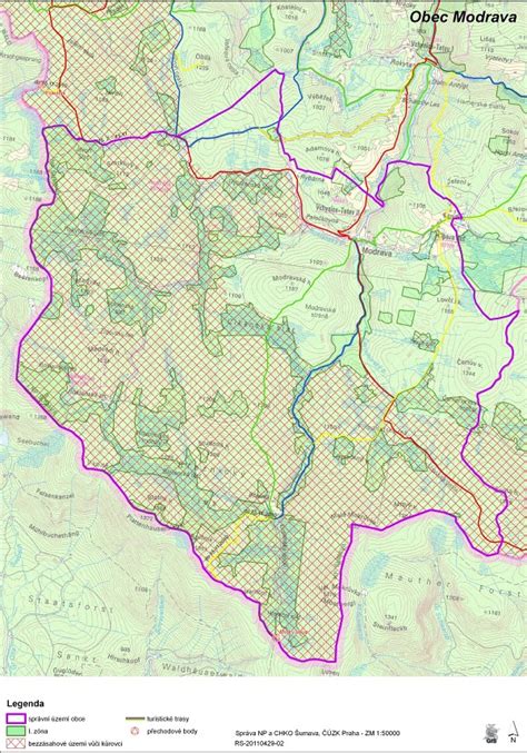 Mapa obce s vyznačenými zónami a plánovanými cestami