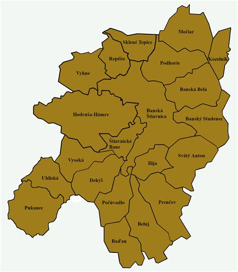 Mapa regiónu Banská Štiavnica s vyznačenými tajchami a pamiatkami