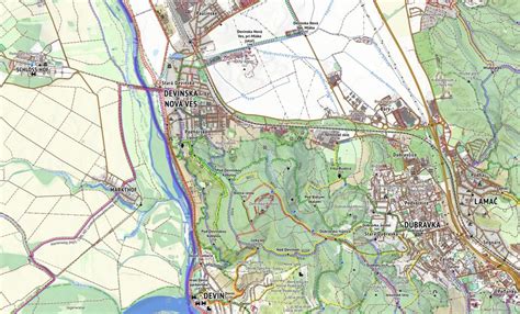 Mapa okolia Devínskej Novej Vsi s vyznačenými bodmi záujmu