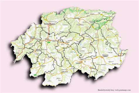 Mapa Banskobystrického samosprávneho kraja s vyznačenými cestami druhej triedy