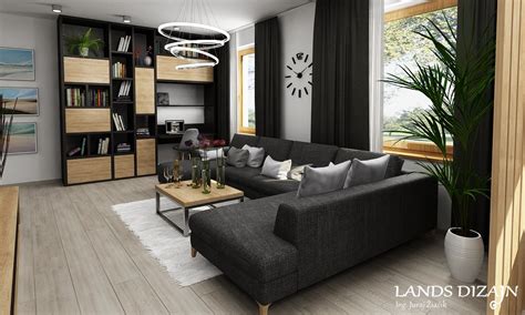 Ilustrácia štýlovej obývačky s veľkou vstavanou knižnicou plnou kníh a dekorácií.