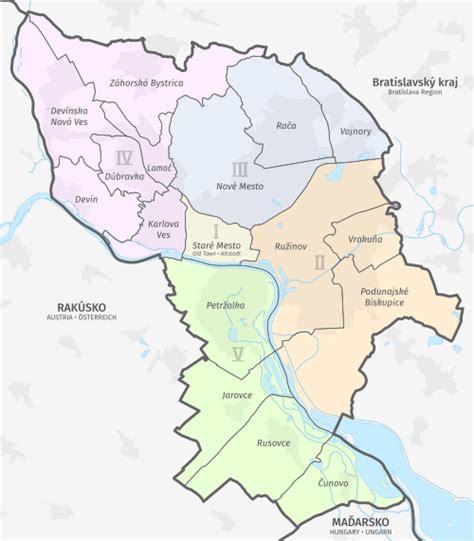 Mapa Bratislavy s vyznačenými lokalitami ako Ružinov, Nivy, kde sa nachádzajú garáže