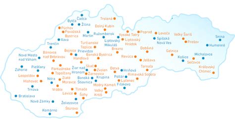 Mapa Slovenska s vyznačenými väčšími mestami