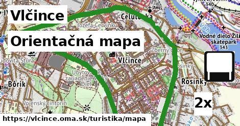 Mapa Žiliny s vyznačenými lokalitami Vlčince a centrum