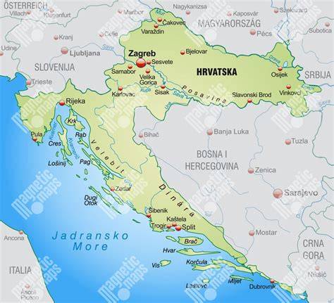 mapa Chorvátska s vyznačeným pobrežím