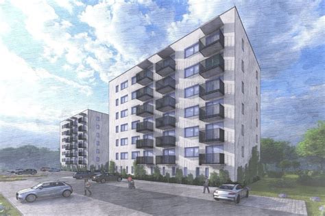 Architektonická kresba bytovky na rohu ulíc
