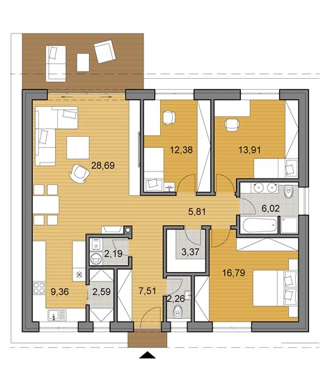 Pôdorys moderného 4-izbového bungalovu