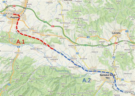 Mapa železničnej trate v úseku Košice - Štrba s vyznačenými lokalitami