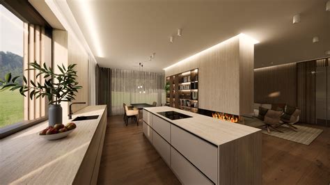 Interiér moderného apartmánu s kuchyňou a obývacou časťou