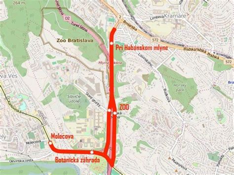 Mapa s vyznačenou novou trasou trolejbusovej linky č. 202 v Bratislave