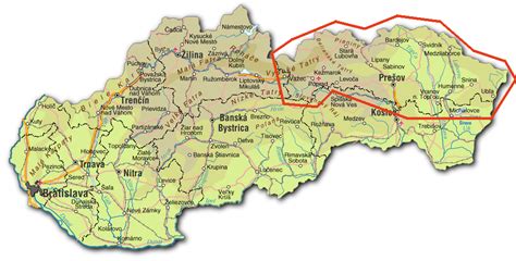 Mapa Prešovského samosprávneho kraja s vyznačenými cestnými sieťami