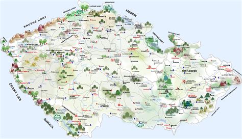 Mapa Južných Čiech s vyznačenými turistickými atrakciami.