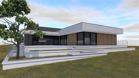 Vizualizácia moderného rodinného domu na svahovitom pozemku s výhľadom na hory