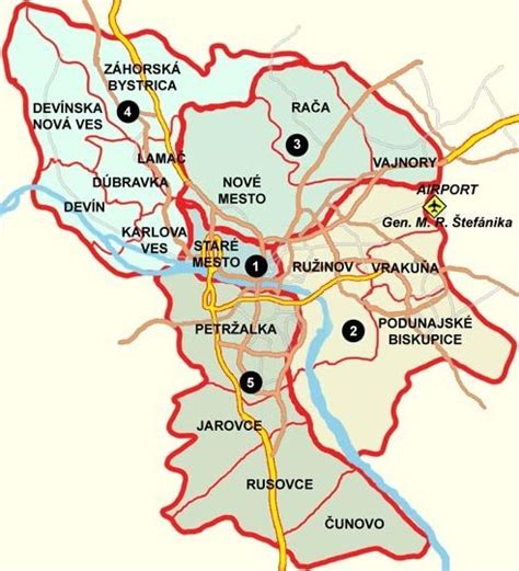 Mapa Bratislavy so zvýrazneným Starým Mestom a kľúčovými obchodnými ulicami