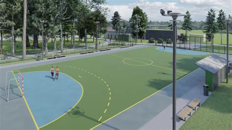 Vizualizácia multifunkčného ihriska s prvkami parkového mobiliáru