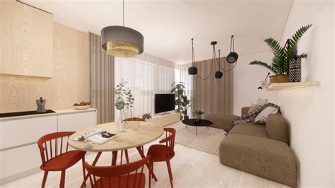 Interiér apartmánu s obývacou časťou a kuchynským kútom