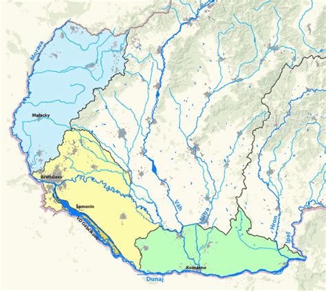 Mapa povodia rieky Moravy s vyznačenými revitalizovanými úsekmi