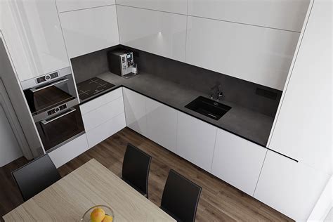 malá biela kuchyňa s vysokými skrinkami