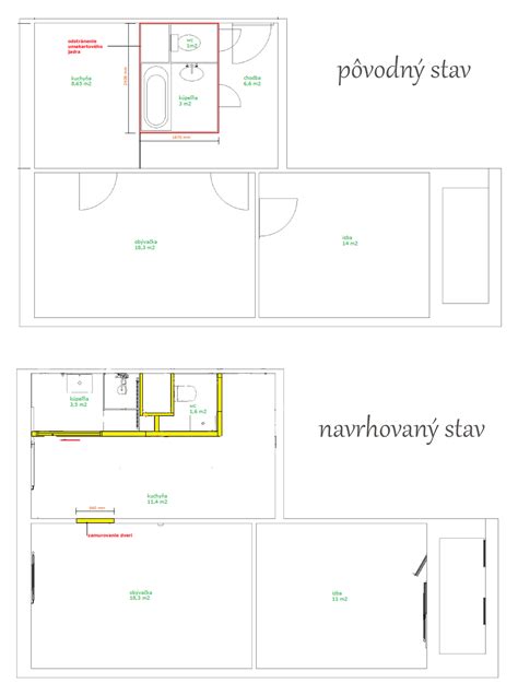 Schéma pôvodnej a zmenenej dispozície bytového jadra