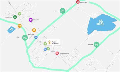 Mapa zobrazujúca lokalitu Rovinka s vyznačenými dopravnými tepnami a občianskou vybavenosťou