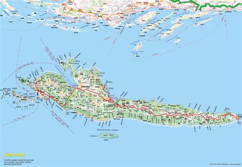 Mapa ostrova Hvar s vyznačenými hlavnými mestami a zátokami