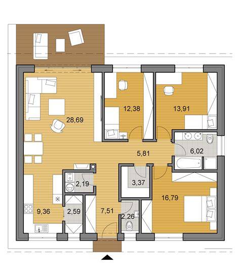 Pôdorys moderného bungalovu s tromi izbami
