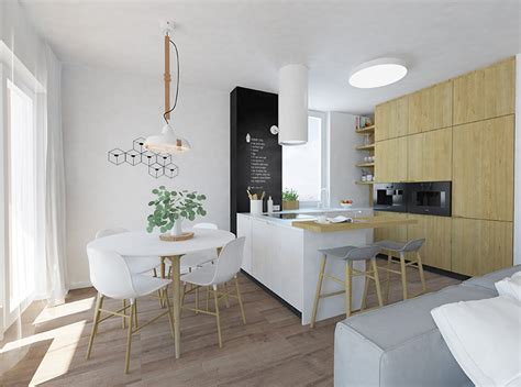 Vizualizácia modernej rekonštrukcie pražského typu bytu s prepojenou kuchyňou a obývačkou