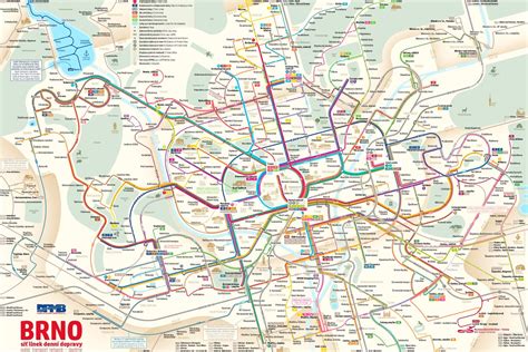 Mapa verejnej dopravy v centre Brna.