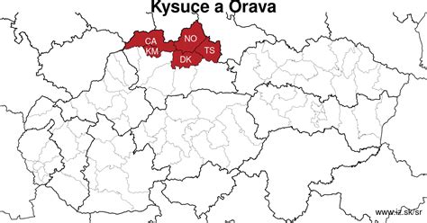 Mapa regiónu Kysúc s vyznačenými obcami Čadca, Korňa, Podvysoká, Raková, Oščadnica, Turzovka