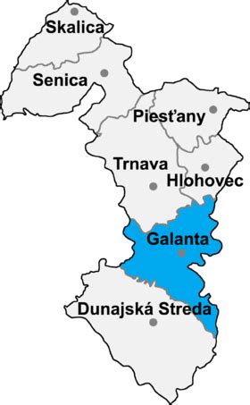 Mapa okresu Galanta s vyznačenou Sereďou