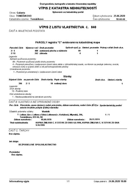 Ukážka výpisu z katastra nehnuteľností