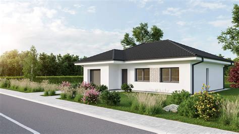 Moderný bungalov s bielym exteriérom a drevenými prvkami