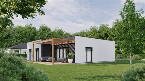 Moderný bungalov s plochou strechou a veľkými oknami