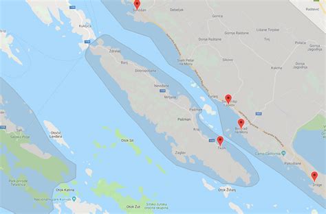 Mapa ostrova Pašman s vyznačeným apartmánovým komplexom Lanterna
