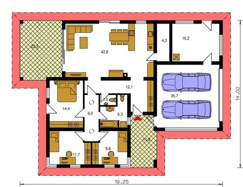 Pôdorys typického 4-izbového bungalovu s dvojgarážou