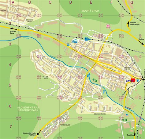 Mapa Spišskej Novej Vsi a okolia s vyznačenými obľúbenými lokalitami