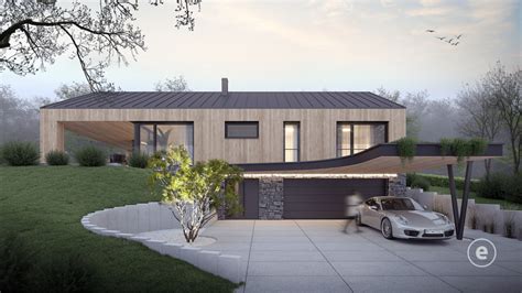 Vizualizácia ekodomového projektu na mierne svahovitom pozemku