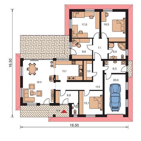 Pôdorys bungalovu v tvare L s integrovanou garážou