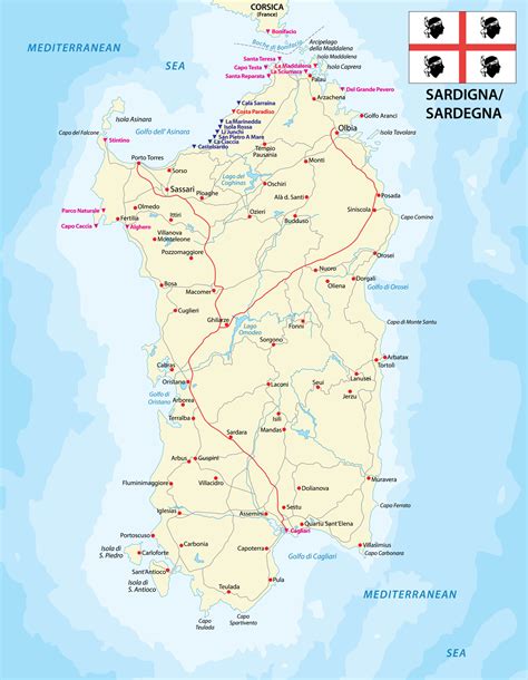 Mapa Sardínie s vyznačenými letiskami a hlavnými cestami