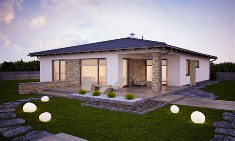 Moderný bungalov s veľkými presklenými plochami a terasou