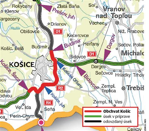 Mapa Košíc s vyznačenou lokalitou Šaca a plánovanou komunikáciou R2