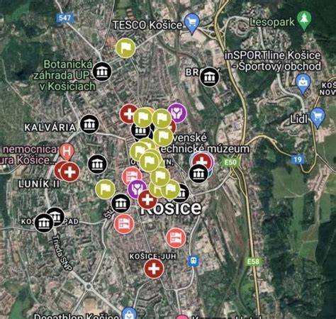 mapa Košíc s vyznačenými lokalitami