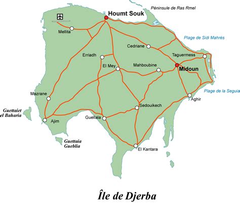Mapa ostrova Djerba s vyznačenými hlavnými mestami a plážami