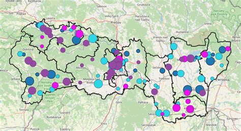 Mapa Košického kraja s vyznačenými oblasťami rozvoja