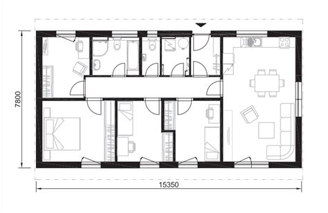 Pôdorys bungalovu 9x15 s označenými miestnosťami