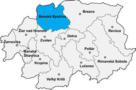 Mapa okresu Banská Bystrica s vyznačenými oblasťami