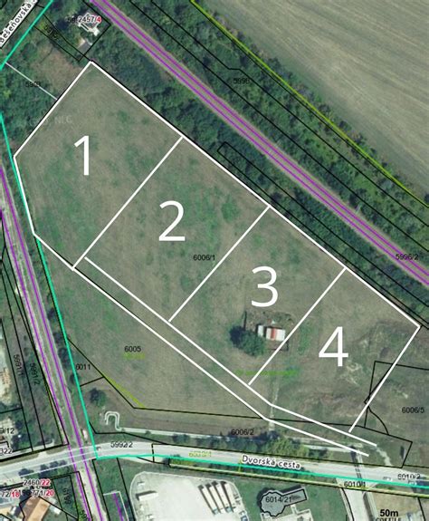 Mapa znázorňujúca pozemok bez prístupu a možnú trasu nevyhnutnej cesty cez susedné pozemky
