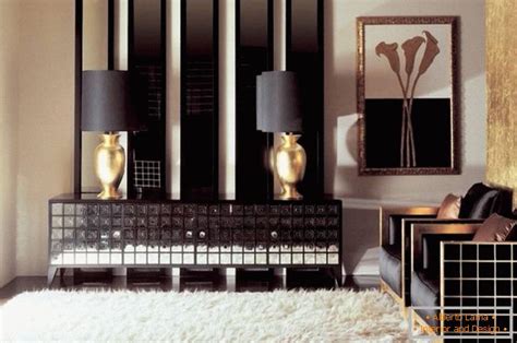 Obývacia izba v štýle Art Deco s geometrickými vzormi a zlatými detailmi