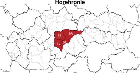 Mapa regiónu Horehronie s vyznačeným mestom Brezno